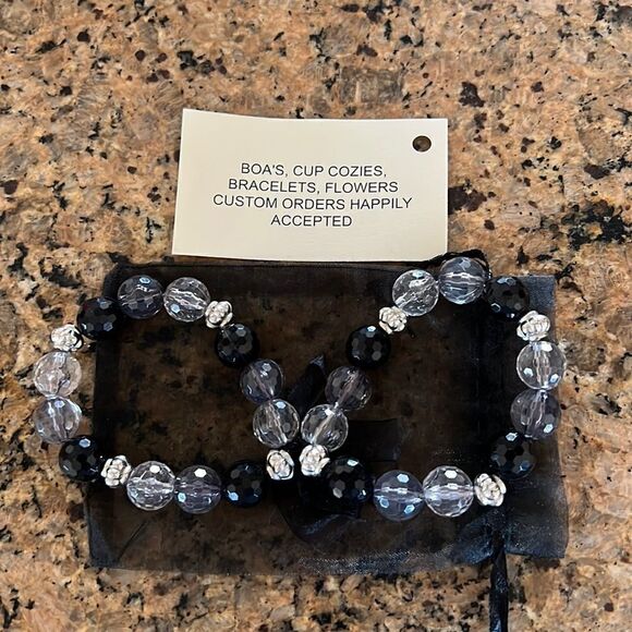 NWT Angela’s Designs black grey clear silver bead double bracelet organza bow - Picture 4 of 4